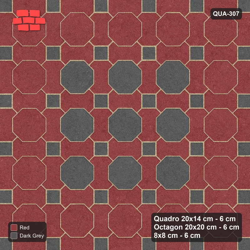 Interlock (Pasco) 20x14 cm · QUA-307 · Quadro-Octagon-8x8 grid, octagon medallion (Rust & Charcoal), Kerb 30F kerb · Top view Interlock (Pasco) 20x14 cm · QUA-307 · Quadro-Octagon-8x8 grid, octagon medallion (Rust & Charcoal), Kerb 30F kerb · Top view