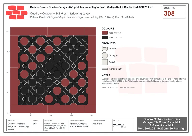 Interlock (Pasco) 20x14 cm · QUA-308 · Quadro-Octagon-8x8 grid, feature octagon band, 45 deg (Red & Black), Kerb 30H/20 kerb · Laying plan