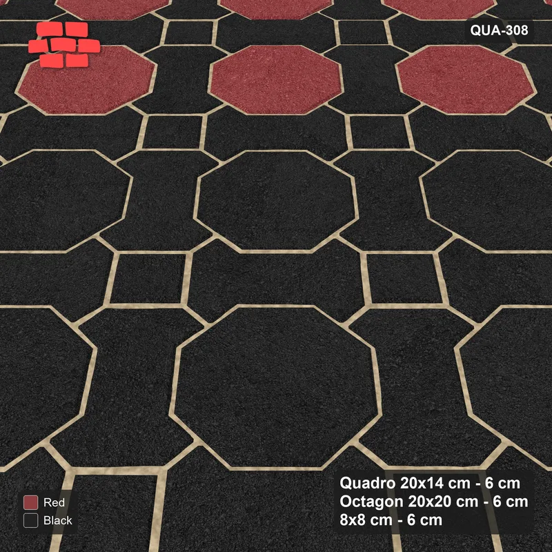 Interlock (Pasco) 20x14 cm · QUA-308 · Quadro-Octagon-8x8 grid, feature octagon band, 45 deg (Red & Black), Kerb 30H/20 kerb · Side view Interlock (Pasco) 20x14 cm · QUA-308 · Quadro-Octagon-8x8 grid, feature octagon band, 45 deg (Red & Black), Kerb 30H/20 kerb · Side view