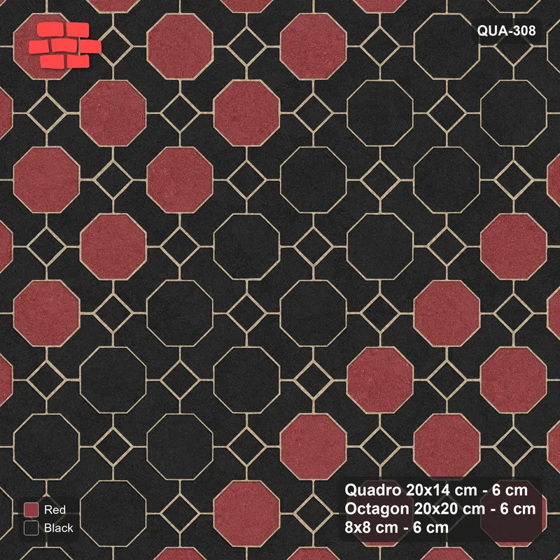 Interlock (Pasco) 20x14 cm · QUA-308 · Quadro-Octagon-8x8 grid, feature octagon band, 45 deg (Red & Black), Kerb 30H/20 kerb · Top view Interlock (Pasco) 20x14 cm · QUA-308 · Quadro-Octagon-8x8 grid, feature octagon band, 45 deg (Red & Black), Kerb 30H/20 kerb · Top view