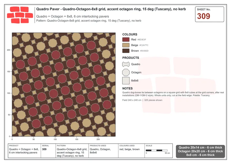Interlock (Pasco) 20x14 cm · QUA-309 · Quadro-Octagon-8x8 grid, accent octagon ring, 15 deg (Tuscany), no kerb · Laying plan