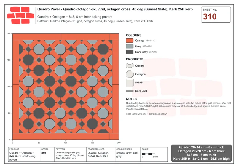 Interlock (Pasco) 20x14 cm · QUA-310 · Quadro-Octagon-8x8 grid, octagon cross, 45 deg (Sunset Slate), Kerb 25H kerb · Laying plan