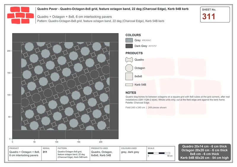 Interlock (Pasco) 20x14 cm · QUA-311 · Quadro-Octagon-8x8 grid, feature octagon band, 22 deg (Charcoal Edge), Kerb 54B kerb · Laying plan