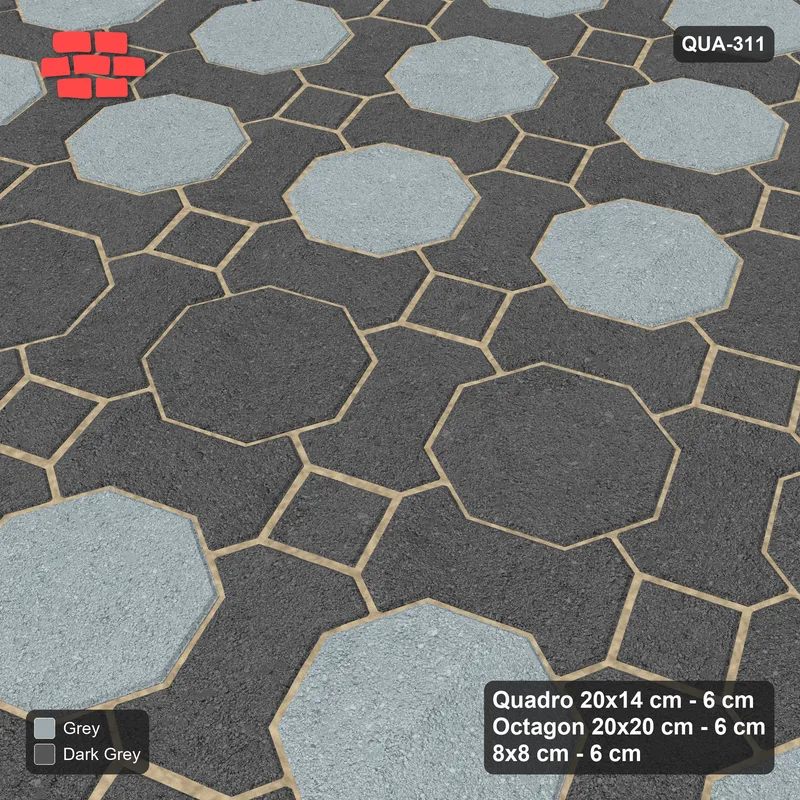 Interlock (Pasco) 20x14 cm · QUA-311 · Quadro-Octagon-8x8 grid, feature octagon band, 22 deg (Charcoal Edge), Kerb 54B kerb · Side view Interlock (Pasco) 20x14 cm · QUA-311 · Quadro-Octagon-8x8 grid, feature octagon band, 22 deg (Charcoal Edge), Kerb 54B kerb · Side view