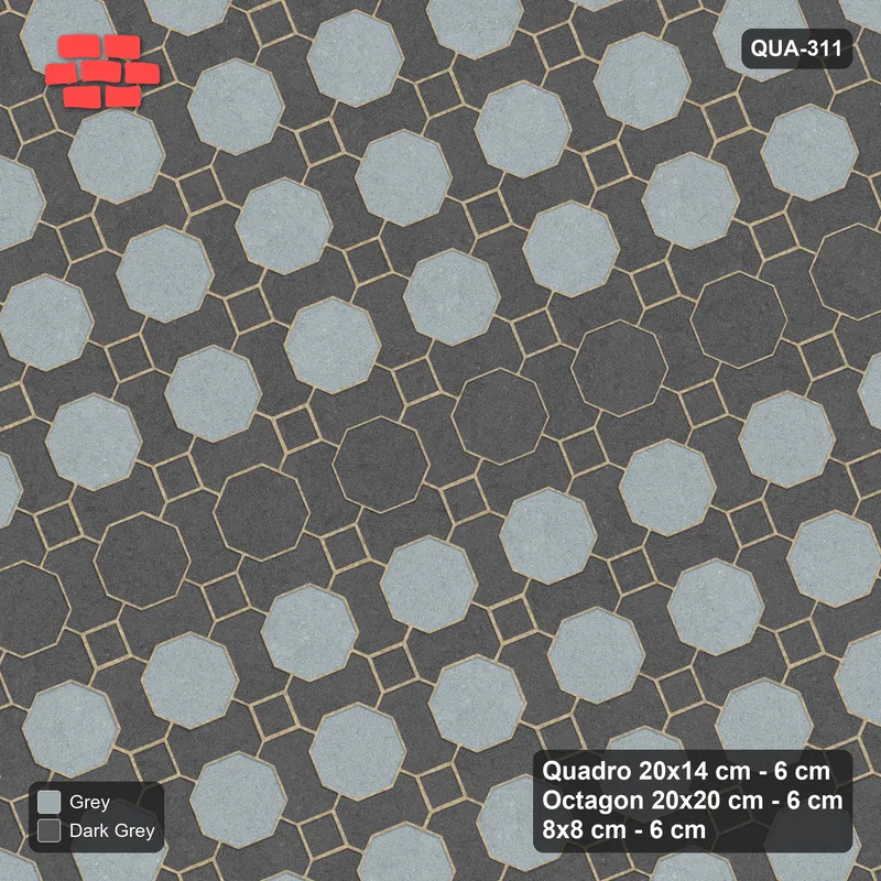 Interlock (Pasco) 20x14 cm · QUA-311 · Quadro-Octagon-8x8 grid, feature octagon band, 22 deg (Charcoal Edge), Kerb 54B kerb · Top view Interlock (Pasco) 20x14 cm · QUA-311 · Quadro-Octagon-8x8 grid, feature octagon band, 22 deg (Charcoal Edge), Kerb 54B kerb · Top view