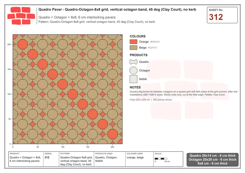 Interlock (Pasco) 20x14 cm · QUA-312 · Quadro-Octagon-8x8 grid, vertical octagon band, 45 deg (Clay Court), no kerb · Laying plan