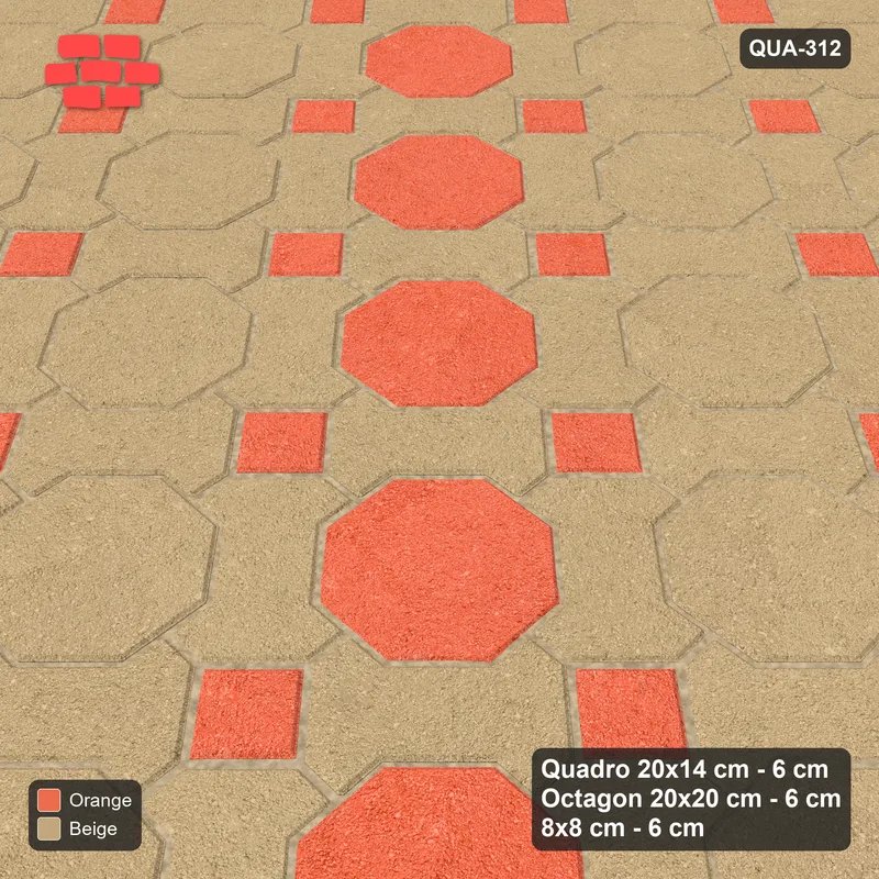 Interlock (Pasco) 20x14 cm · QUA-312 · Quadro-Octagon-8x8 grid, vertical octagon band, 45 deg (Clay Court), no kerb · Side view Interlock (Pasco) 20x14 cm · QUA-312 · Quadro-Octagon-8x8 grid, vertical octagon band, 45 deg (Clay Court), no kerb · Side view