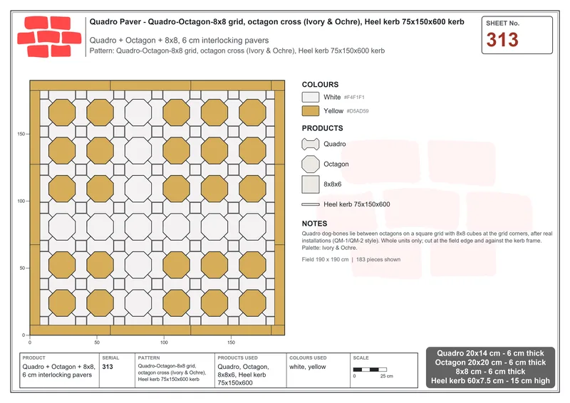 Interlock (Pasco) 20x14 cm · QUA-313 · Quadro-Octagon-8x8 grid, octagon cross (Ivory & Ochre), Heel kerb 75x150x600 kerb · Laying plan
