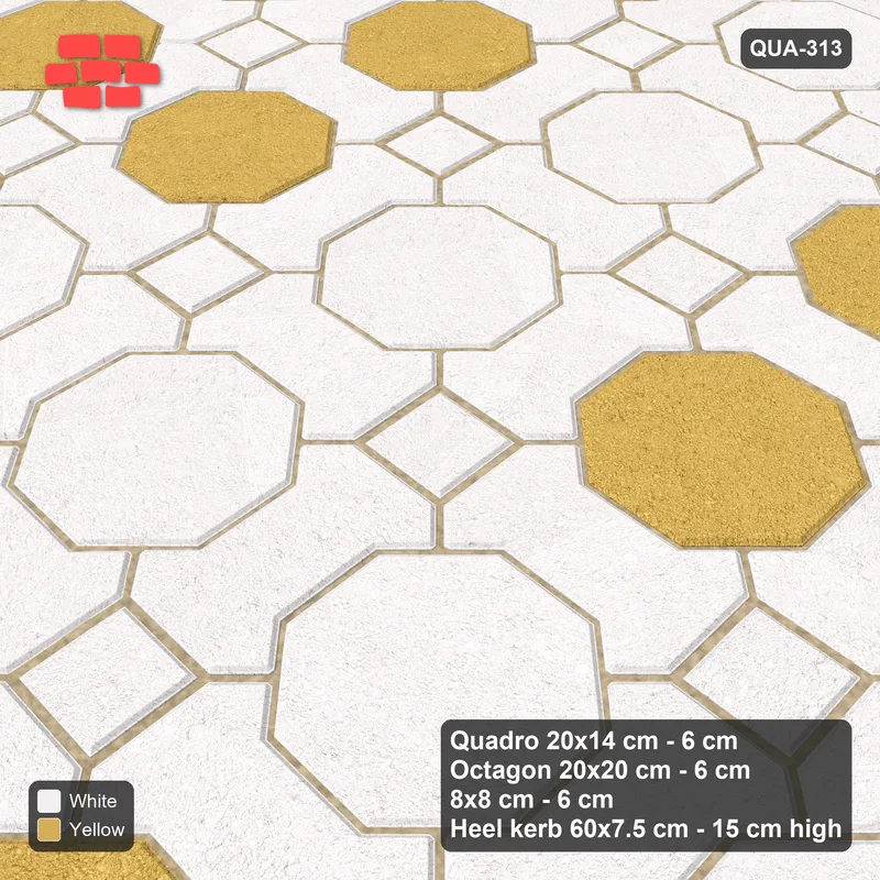 Interlock (Pasco) 20x14 cm · QUA-313 · Quadro-Octagon-8x8 grid, octagon cross (Ivory & Ochre), Heel kerb 75x150x600 kerb · Side view Interlock (Pasco) 20x14 cm · QUA-313 · Quadro-Octagon-8x8 grid, octagon cross (Ivory & Ochre), Heel kerb 75x150x600 kerb · Side view