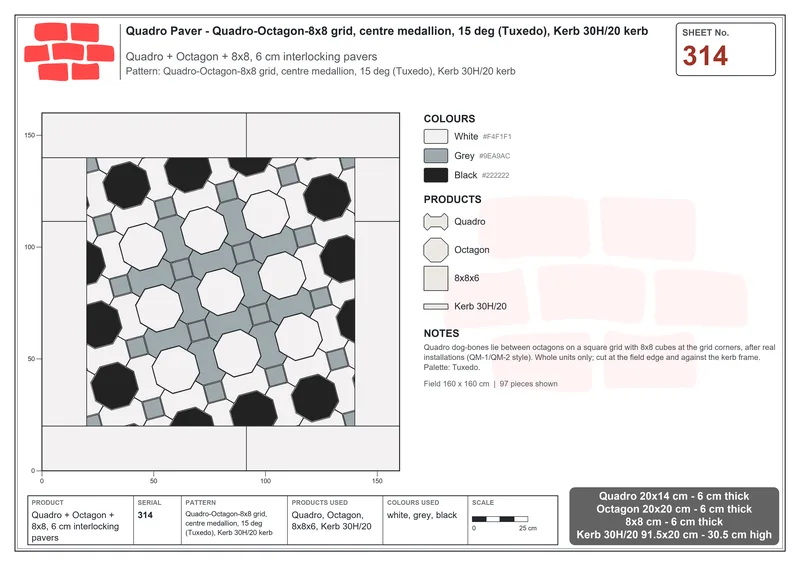 Interlock (Pasco) 20x14 cm · QUA-314 · Quadro-Octagon-8x8 grid, centre medallion, 15 deg (Tuxedo), Kerb 30H/20 kerb · Laying plan