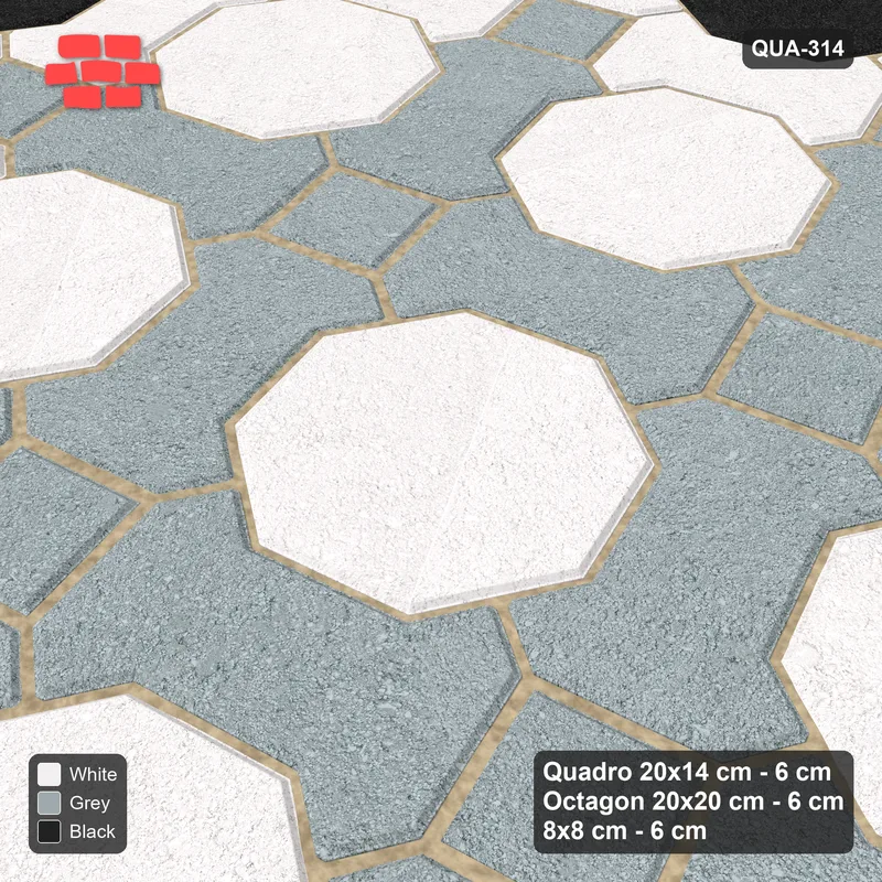 Interlock (Pasco) 20x14 cm · QUA-314 · Quadro-Octagon-8x8 grid, centre medallion, 15 deg (Tuxedo), Kerb 30H/20 kerb · Side view Interlock (Pasco) 20x14 cm · QUA-314 · Quadro-Octagon-8x8 grid, centre medallion, 15 deg (Tuxedo), Kerb 30H/20 kerb · Side view