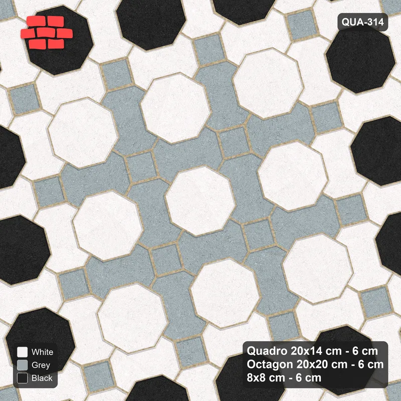 Interlock (Pasco) 20x14 cm · QUA-314 · Quadro-Octagon-8x8 grid, centre medallion, 15 deg (Tuxedo), Kerb 30H/20 kerb · Top view Interlock (Pasco) 20x14 cm · QUA-314 · Quadro-Octagon-8x8 grid, centre medallion, 15 deg (Tuxedo), Kerb 30H/20 kerb · Top view