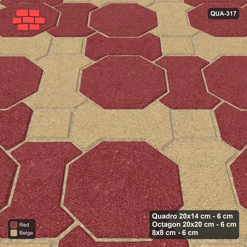 Interlock (Pasco) 20x14 cm · QUA-317 · Quadro-Octagon-8x8 grid, chequered Quadros, 45 deg (Terracotta), Kerb 25F kerb · Side view Interlock (Pasco) 20x14 cm · QUA-317 · Quadro-Octagon-8x8 grid, chequered Quadros, 45 deg (Terracotta), Kerb 25F kerb · Side view