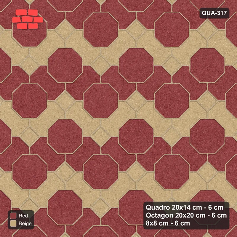 Interlock (Pasco) 20x14 cm · QUA-317 · Quadro-Octagon-8x8 grid, chequered Quadros, 45 deg (Terracotta), Kerb 25F kerb · Top view Interlock (Pasco) 20x14 cm · QUA-317 · Quadro-Octagon-8x8 grid, chequered Quadros, 45 deg (Terracotta), Kerb 25F kerb · Top view