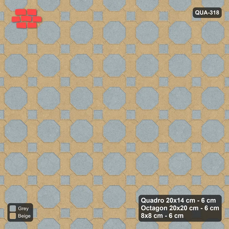 Interlock (Pasco) 20x14 cm · QUA-318 · Quadro-Octagon-8x8 grid, uniform roles (Warm Grey), no kerb · Top view Interlock (Pasco) 20x14 cm · QUA-318 · Quadro-Octagon-8x8 grid, uniform roles (Warm Grey), no kerb · Top view