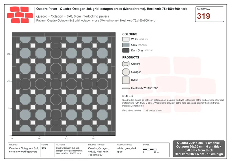 Interlock (Pasco) 20x14 cm · QUA-319 · Quadro-Octagon-8x8 grid, octagon cross (Monochrome), Heel kerb 75x150x600 kerb · Laying plan