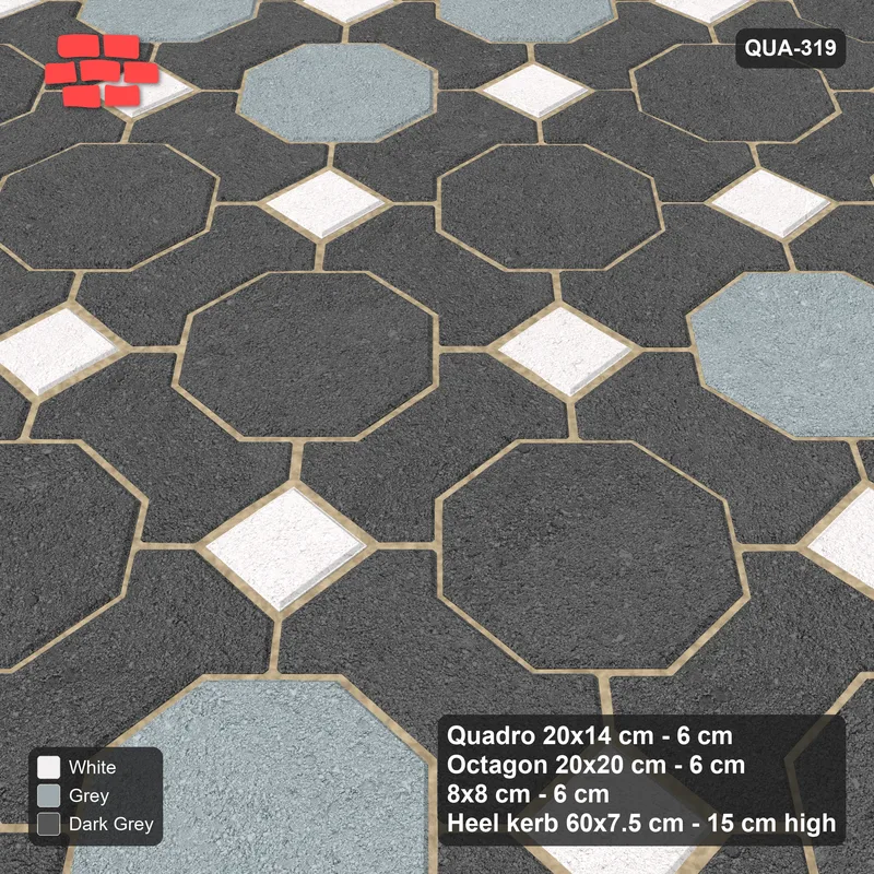 Interlock (Pasco) 20x14 cm · QUA-319 · Quadro-Octagon-8x8 grid, octagon cross (Monochrome), Heel kerb 75x150x600 kerb · Side view Interlock (Pasco) 20x14 cm · QUA-319 · Quadro-Octagon-8x8 grid, octagon cross (Monochrome), Heel kerb 75x150x600 kerb · Side view