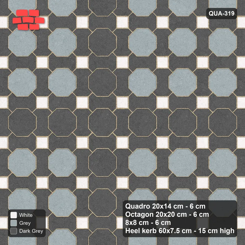 Interlock (Pasco) 20x14 cm · QUA-319 · Quadro-Octagon-8x8 grid, octagon cross (Monochrome), Heel kerb 75x150x600 kerb · Top view Interlock (Pasco) 20x14 cm · QUA-319 · Quadro-Octagon-8x8 grid, octagon cross (Monochrome), Heel kerb 75x150x600 kerb · Top view