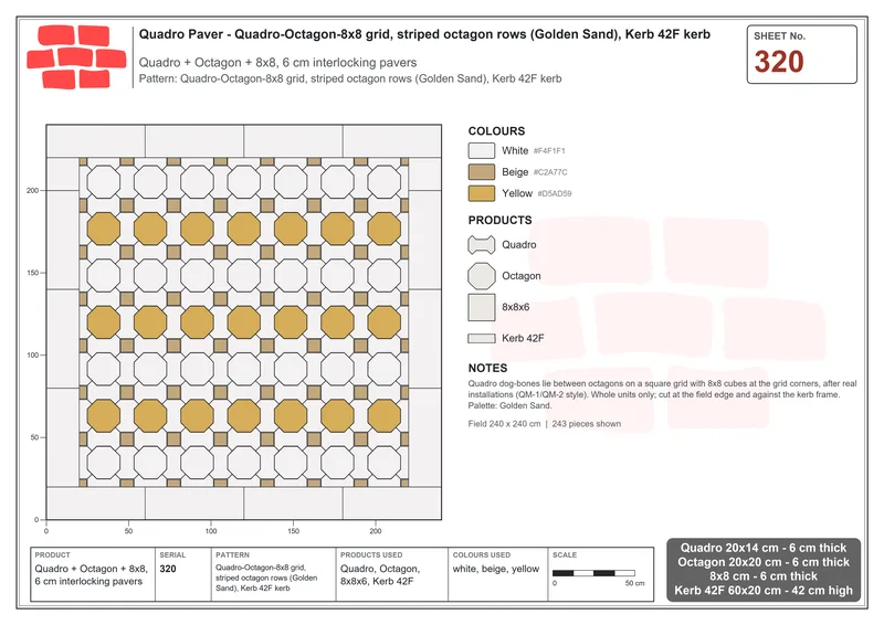 Interlock (Pasco) 20x14 cm · QUA-320 · Quadro-Octagon-8x8 grid, striped octagon rows (Golden Sand), Kerb 42F kerb · Laying plan