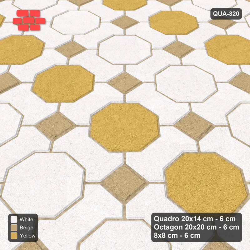 Interlock (Pasco) 20x14 cm · QUA-320 · Quadro-Octagon-8x8 grid, striped octagon rows (Golden Sand), Kerb 42F kerb · Side view Interlock (Pasco) 20x14 cm · QUA-320 · Quadro-Octagon-8x8 grid, striped octagon rows (Golden Sand), Kerb 42F kerb · Side view