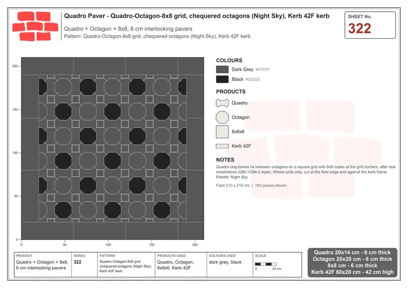 Interlock (Pasco) 20x14 cm · QUA-322 · Quadro-Octagon-8x8 grid, chequered octagons (Night Sky), Kerb 42F kerb · Laying plan