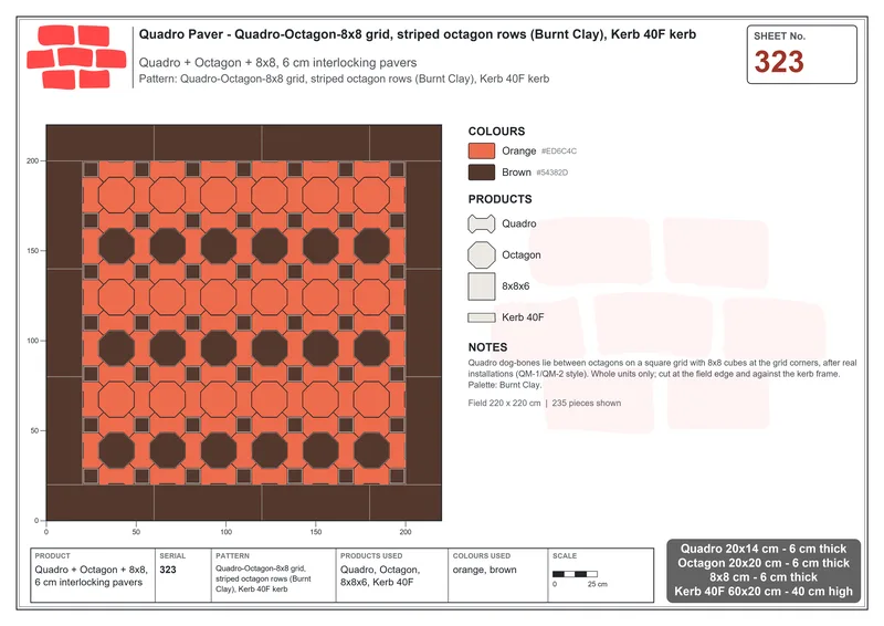 Interlock (Pasco) 20x14 cm · QUA-323 · Quadro-Octagon-8x8 grid, striped octagon rows (Burnt Clay), Kerb 40F kerb · Laying plan
