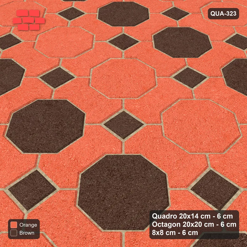 Interlock (Pasco) 20x14 cm · QUA-323 · Quadro-Octagon-8x8 grid, striped octagon rows (Burnt Clay), Kerb 40F kerb · Side view Interlock (Pasco) 20x14 cm · QUA-323 · Quadro-Octagon-8x8 grid, striped octagon rows (Burnt Clay), Kerb 40F kerb · Side view