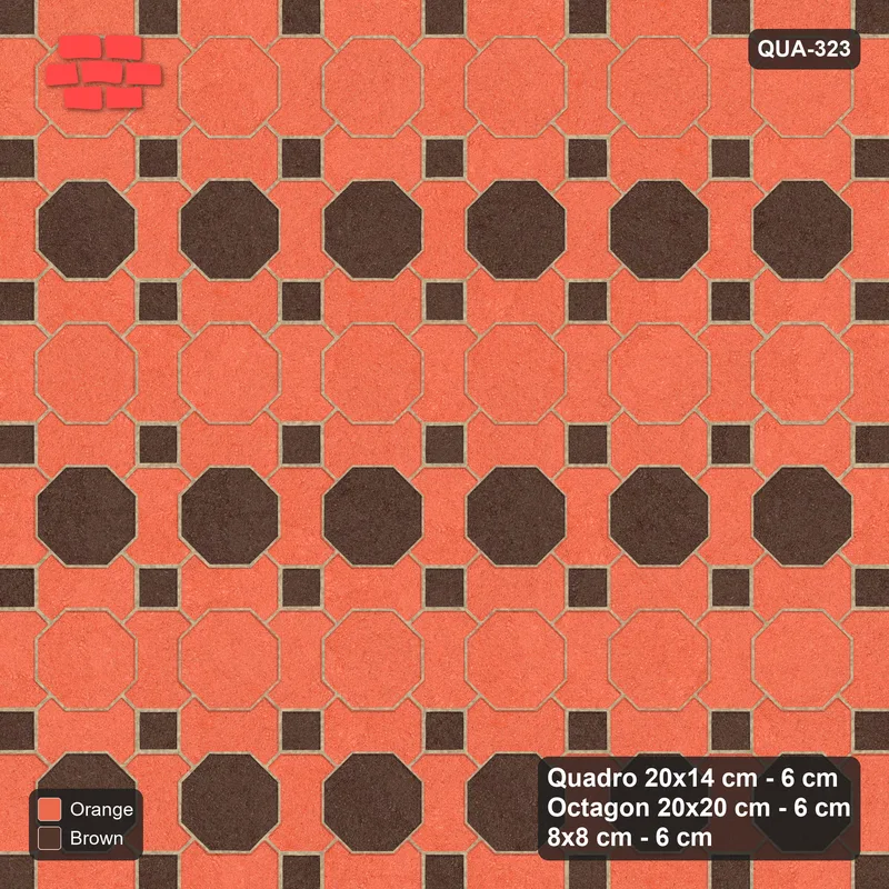 Interlock (Pasco) 20x14 cm · QUA-323 · Quadro-Octagon-8x8 grid, striped octagon rows (Burnt Clay), Kerb 40F kerb · Top view Interlock (Pasco) 20x14 cm · QUA-323 · Quadro-Octagon-8x8 grid, striped octagon rows (Burnt Clay), Kerb 40F kerb · Top view