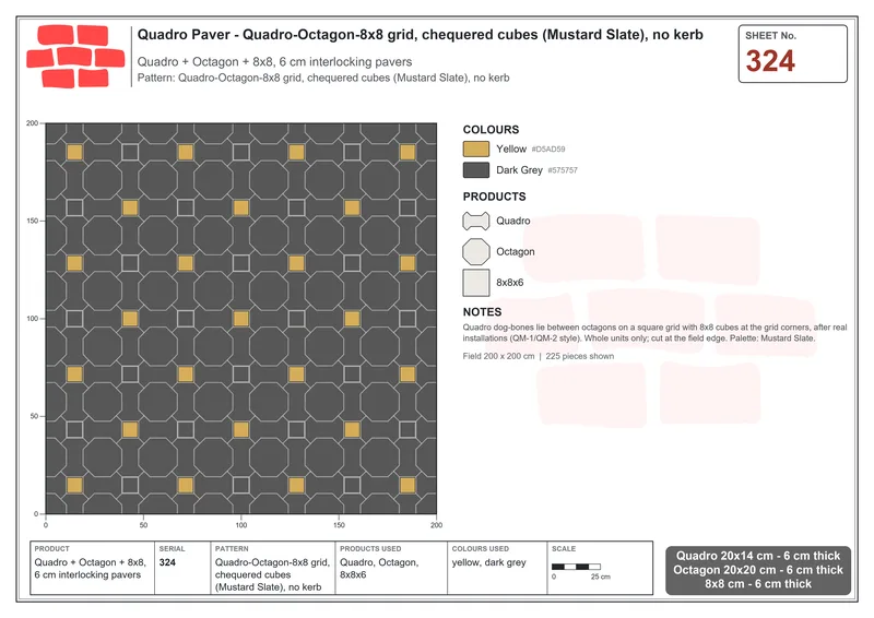 Interlock (Pasco) 20x14 cm · QUA-324 · Quadro-Octagon-8x8 grid, chequered cubes (Mustard Slate), no kerb · Laying plan