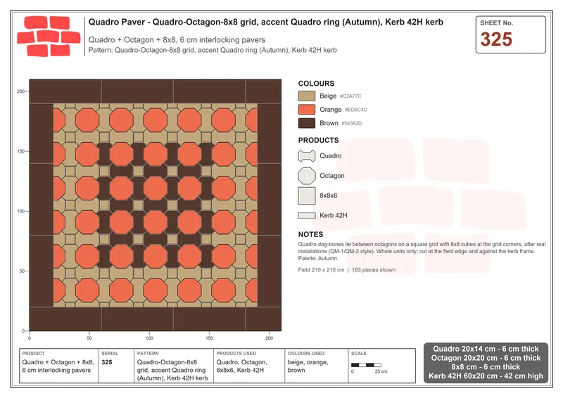 Interlock (Pasco) 20x14 cm · QUA-325 · Quadro-Octagon-8x8 grid, accent Quadro ring (Autumn), Kerb 42H kerb · Laying plan