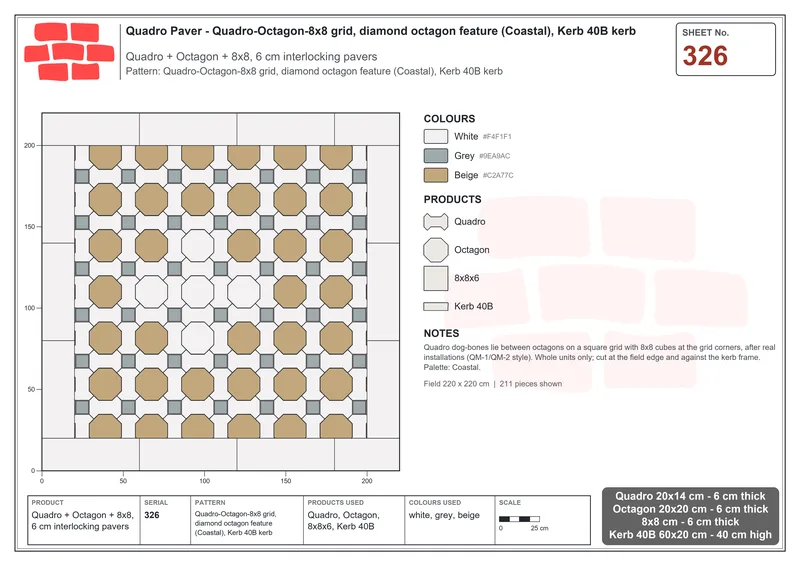Interlock (Pasco) 20x14 cm · QUA-326 · Quadro-Octagon-8x8 grid, diamond octagon feature (Coastal), Kerb 40B kerb · Laying plan