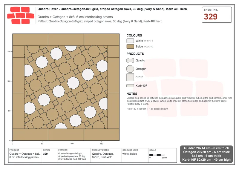 Interlock (Pasco) 20x14 cm · QUA-329 · Quadro-Octagon-8x8 grid, striped octagon rows, 30 deg (Ivory & Sand), Kerb 40F kerb · Laying plan