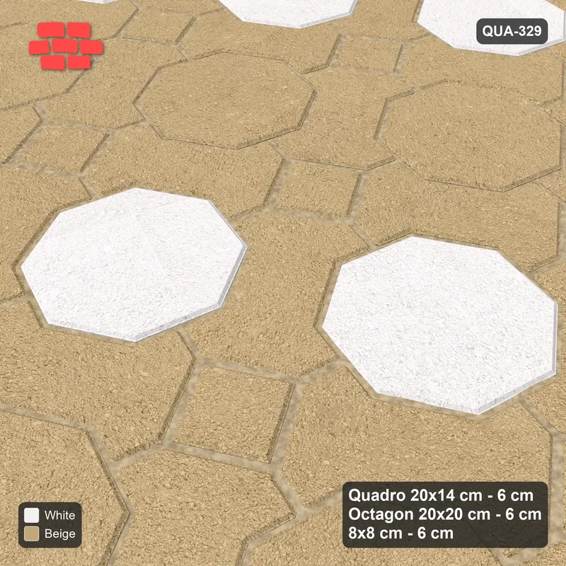 Interlock (Pasco) 20x14 cm · QUA-329 · Quadro-Octagon-8x8 grid, striped octagon rows, 30 deg (Ivory & Sand), Kerb 40F kerb · Side view Interlock (Pasco) 20x14 cm · QUA-329 · Quadro-Octagon-8x8 grid, striped octagon rows, 30 deg (Ivory & Sand), Kerb 40F kerb · Side view
