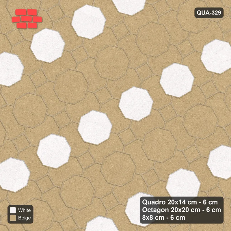 Interlock (Pasco) 20x14 cm · QUA-329 · Quadro-Octagon-8x8 grid, striped octagon rows, 30 deg (Ivory & Sand), Kerb 40F kerb · Top view Interlock (Pasco) 20x14 cm · QUA-329 · Quadro-Octagon-8x8 grid, striped octagon rows, 30 deg (Ivory & Sand), Kerb 40F kerb · Top view