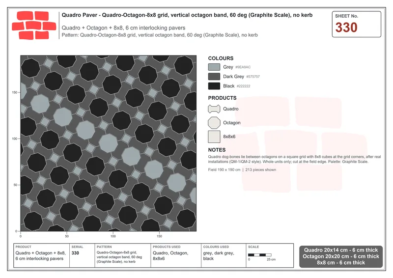 Interlock (Pasco) 20x14 cm · QUA-330 · Quadro-Octagon-8x8 grid, vertical octagon band, 60 deg (Graphite Scale), no kerb · Laying plan