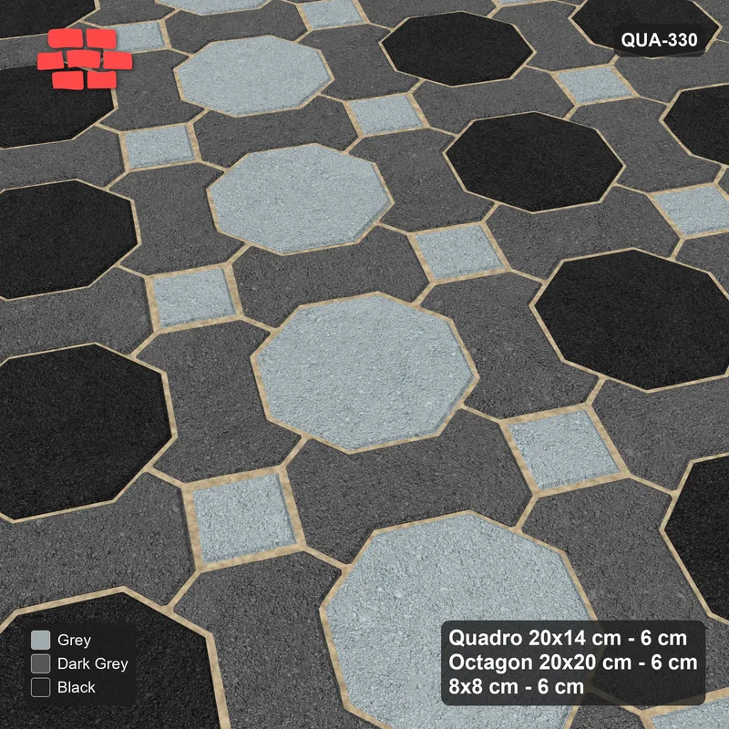 Interlock (Pasco) 20x14 cm · QUA-330 · Quadro-Octagon-8x8 grid, vertical octagon band, 60 deg (Graphite Scale), no kerb · Side view Interlock (Pasco) 20x14 cm · QUA-330 · Quadro-Octagon-8x8 grid, vertical octagon band, 60 deg (Graphite Scale), no kerb · Side view