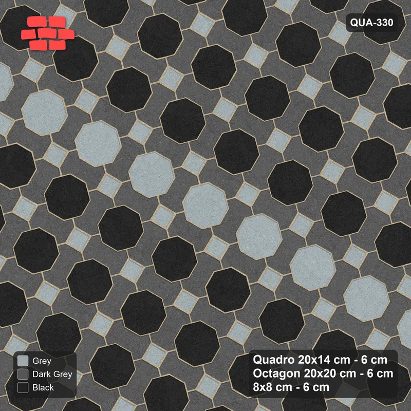 Interlock (Pasco) 20x14 cm · QUA-330 · Quadro-Octagon-8x8 grid, vertical octagon band, 60 deg (Graphite Scale), no kerb · Top view Interlock (Pasco) 20x14 cm · QUA-330 · Quadro-Octagon-8x8 grid, vertical octagon band, 60 deg (Graphite Scale), no kerb · Top view