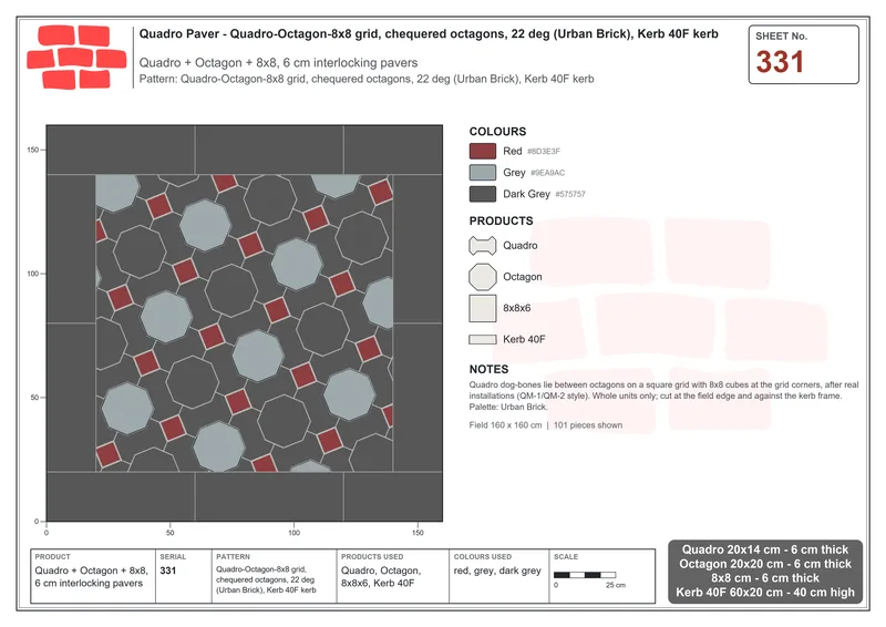 Interlock (Pasco) 20x14 cm · QUA-331 · Quadro-Octagon-8x8 grid, chequered octagons, 22 deg (Urban Brick), Kerb 40F kerb · Laying plan