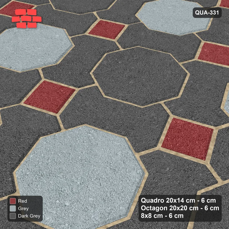 Interlock (Pasco) 20x14 cm · QUA-331 · Quadro-Octagon-8x8 grid, chequered octagons, 22 deg (Urban Brick), Kerb 40F kerb · Side view Interlock (Pasco) 20x14 cm · QUA-331 · Quadro-Octagon-8x8 grid, chequered octagons, 22 deg (Urban Brick), Kerb 40F kerb · Side view