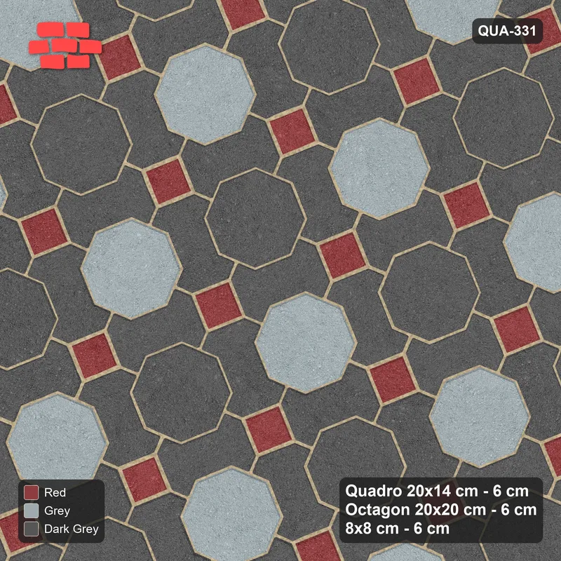 Interlock (Pasco) 20x14 cm · QUA-331 · Quadro-Octagon-8x8 grid, chequered octagons, 22 deg (Urban Brick), Kerb 40F kerb · Top view Interlock (Pasco) 20x14 cm · QUA-331 · Quadro-Octagon-8x8 grid, chequered octagons, 22 deg (Urban Brick), Kerb 40F kerb · Top view