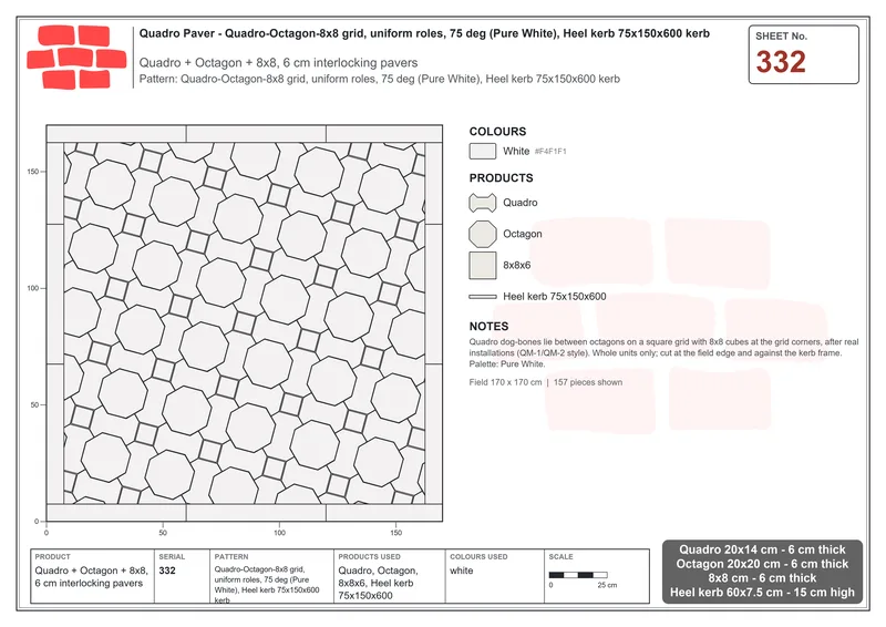 Interlock (Pasco) 20x14 cm · QUA-332 · Quadro-Octagon-8x8 grid, uniform roles, 75 deg (Pure White), Heel kerb 75x150x600 kerb · Laying plan
