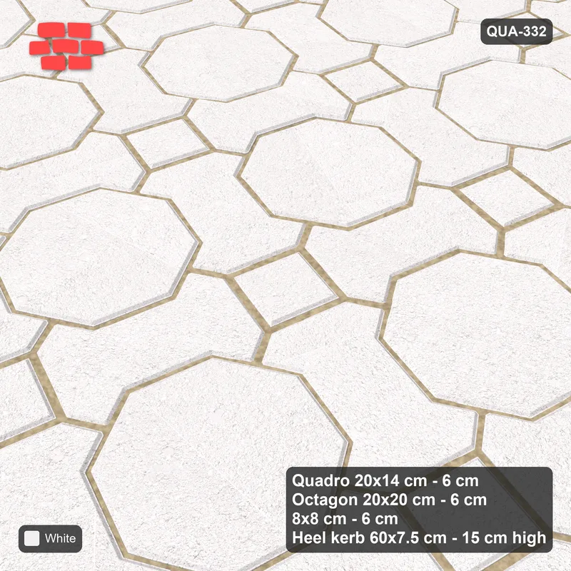 Interlock (Pasco) 20x14 cm · QUA-332 · Quadro-Octagon-8x8 grid, uniform roles, 75 deg (Pure White), Heel kerb 75x150x600 kerb · Side view Interlock (Pasco) 20x14 cm · QUA-332 · Quadro-Octagon-8x8 grid, uniform roles, 75 deg (Pure White), Heel kerb 75x150x600 kerb · Side view