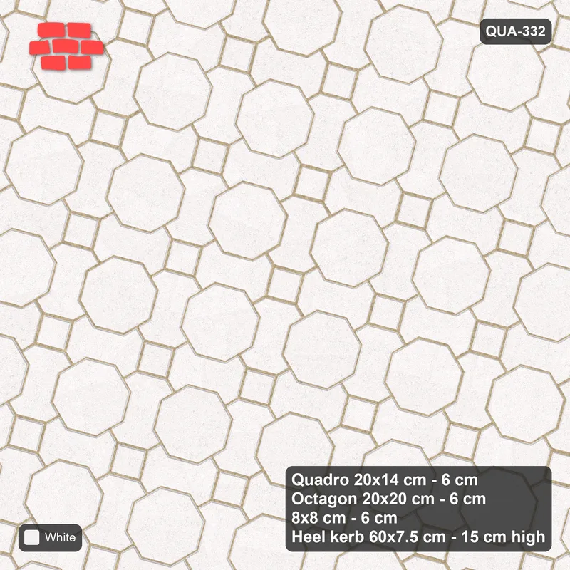 Interlock (Pasco) 20x14 cm · QUA-332 · Quadro-Octagon-8x8 grid, uniform roles, 75 deg (Pure White), Heel kerb 75x150x600 kerb · Top view Interlock (Pasco) 20x14 cm · QUA-332 · Quadro-Octagon-8x8 grid, uniform roles, 75 deg (Pure White), Heel kerb 75x150x600 kerb · Top view