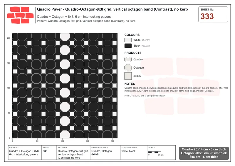 Interlock (Pasco) 20x14 cm · QUA-333 · Quadro-Octagon-8x8 grid, vertical octagon band (Contrast), no kerb · Laying plan