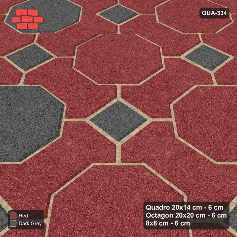Interlock (Pasco) 20x14 cm · QUA-334 · Quadro-Octagon-8x8 grid, diagonal octagon tones (Rust & Charcoal), Kerb 38H kerb · Side view Interlock (Pasco) 20x14 cm · QUA-334 · Quadro-Octagon-8x8 grid, diagonal octagon tones (Rust & Charcoal), Kerb 38H kerb · Side view