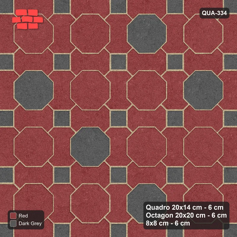 Interlock (Pasco) 20x14 cm · QUA-334 · Quadro-Octagon-8x8 grid, diagonal octagon tones (Rust & Charcoal), Kerb 38H kerb · Top view Interlock (Pasco) 20x14 cm · QUA-334 · Quadro-Octagon-8x8 grid, diagonal octagon tones (Rust & Charcoal), Kerb 38H kerb · Top view