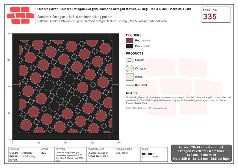 Interlock (Pasco) 20x14 cm · QUA-335 · Quadro-Octagon-8x8 grid, diamond octagon feature, 60 deg (Red & Black), Kerb 25H kerb · Laying plan