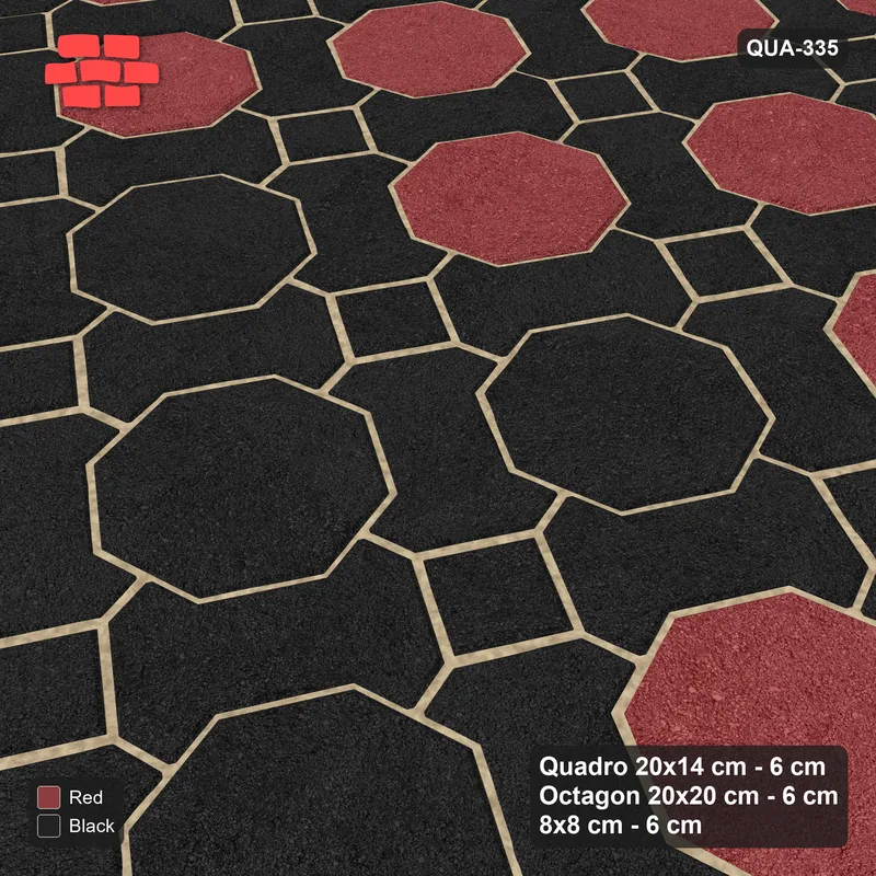 Interlock (Pasco) 20x14 cm · QUA-335 · Quadro-Octagon-8x8 grid, diamond octagon feature, 60 deg (Red & Black), Kerb 25H kerb · Side view Interlock (Pasco) 20x14 cm · QUA-335 · Quadro-Octagon-8x8 grid, diamond octagon feature, 60 deg (Red & Black), Kerb 25H kerb · Side view