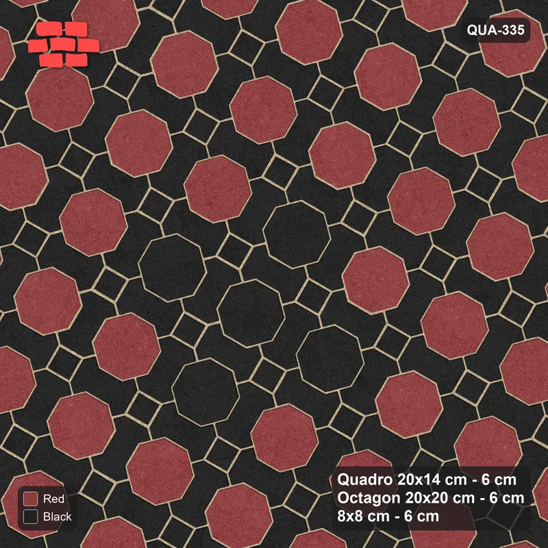 Interlock (Pasco) 20x14 cm · QUA-335 · Quadro-Octagon-8x8 grid, diamond octagon feature, 60 deg (Red & Black), Kerb 25H kerb · Top view Interlock (Pasco) 20x14 cm · QUA-335 · Quadro-Octagon-8x8 grid, diamond octagon feature, 60 deg (Red & Black), Kerb 25H kerb · Top view