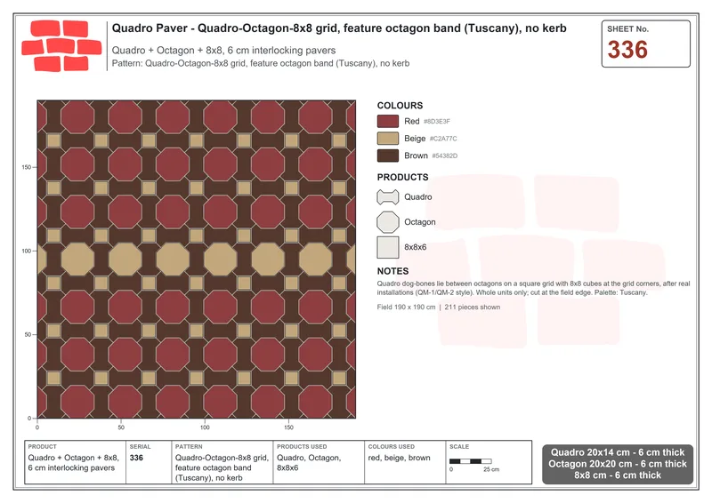 Interlock (Pasco) 20x14 cm · QUA-336 · Quadro-Octagon-8x8 grid, feature octagon band (Tuscany), no kerb · Laying plan